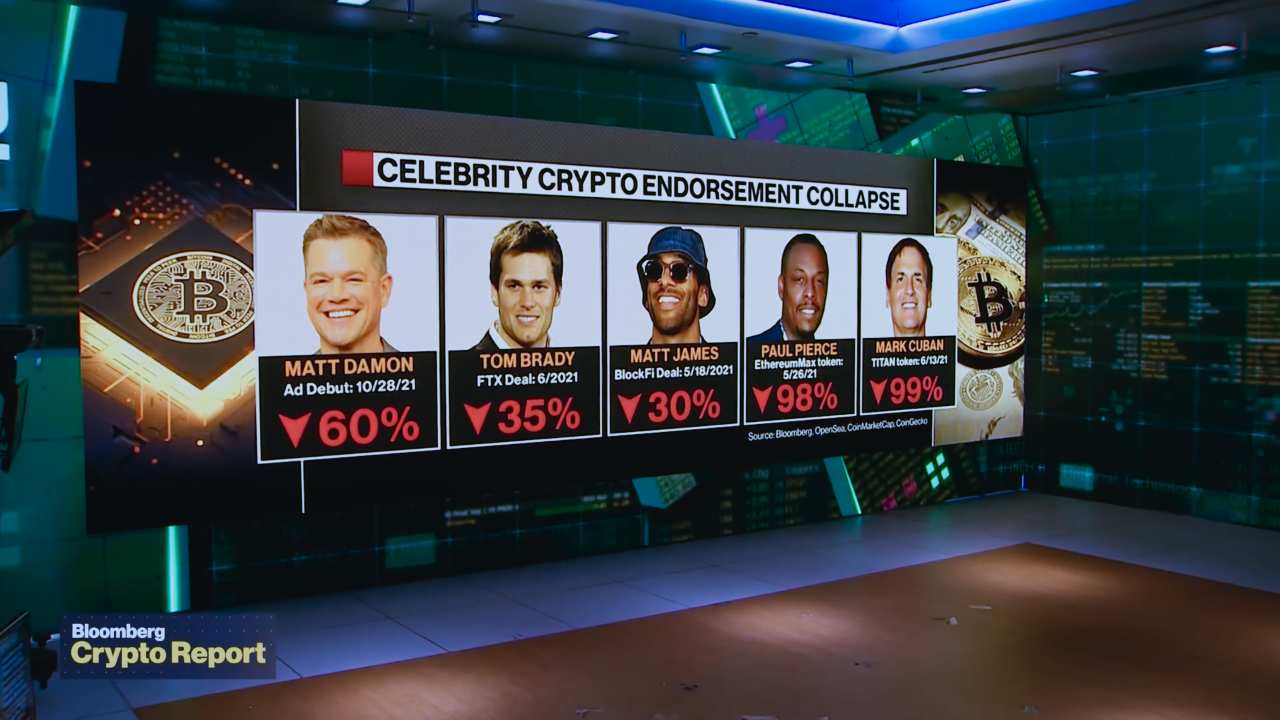 a screen with celebrity crypto endorsements